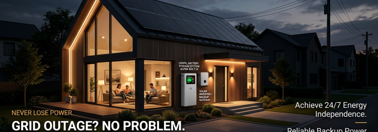 A modern home with rooftop solar panels, LEOCH wall-mounted LiFePO₄ battery storage, and backup power indicators