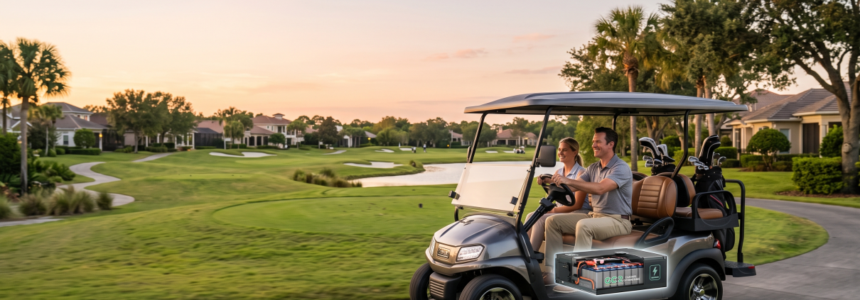 A premium golf cart driving through a golf course and residential community at golden hour with leoch batteries