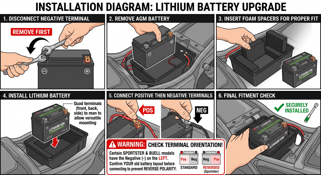 A step-by-step visual illustrating lithium motorcycle battery installation