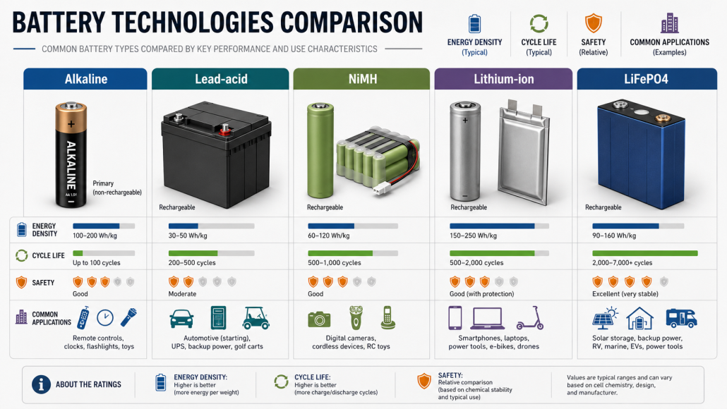 A technical illustration showing different battery technologies including alkaline, lead-acid, NiMH, lithium-ion, and LiFePO4 batteries