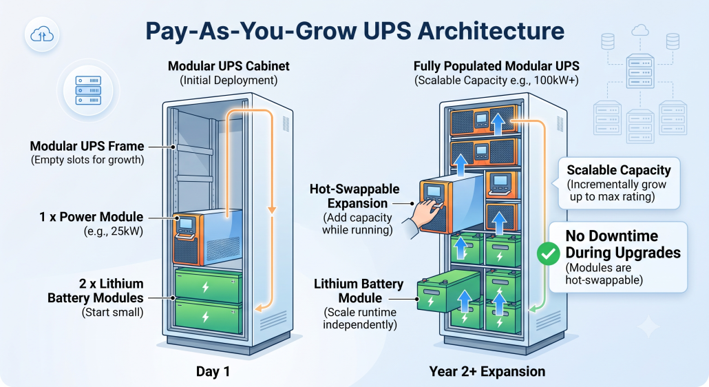 A visual showing a modular UPS cabinet expanding from one to multiple power and battery modules