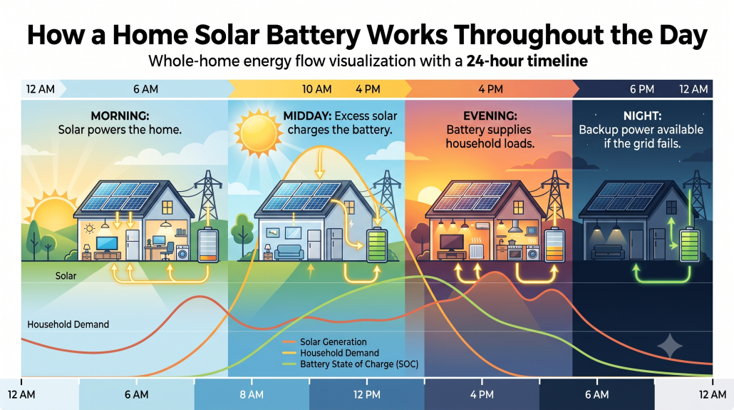 How a Home Solar Battery Works Throughout the Day