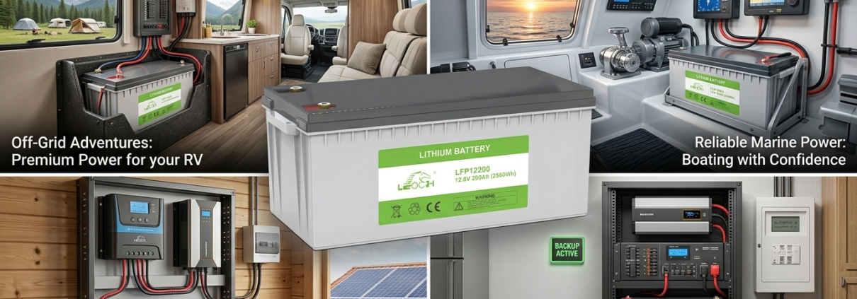 LEOCH premium 12V LiFePO₄ battery alongside applications such as an RV, boat, solar setup, and backup power system