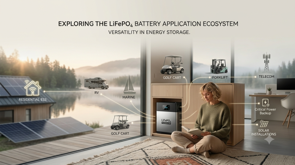LiFePO4 battery application ecosystem includes Residential ESS, RV, marine, golf cart, forklift, telecom, UPS, and solar installations