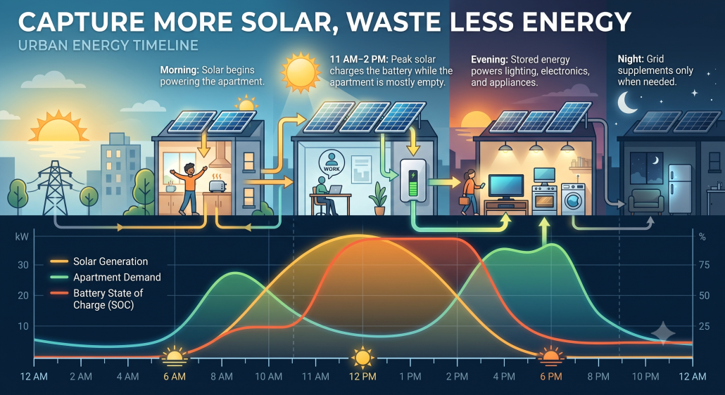 Urban Energy Timeline to clearly demonstrate how storage shifts energy from midday to evening