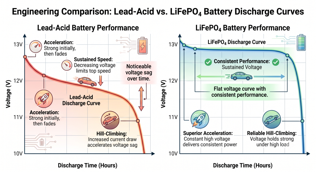Why Lithium Outperforms Lead-Acid, explaining hill-climbing, acceleration, and sustained speed