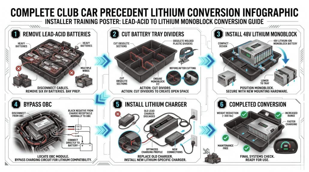 a complete Club Car Precedent lithium conversion infographic