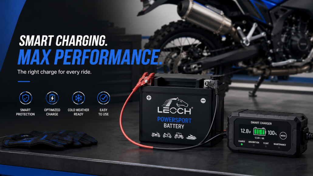 a leoch lithium motorcycle battery connected to a smart charger