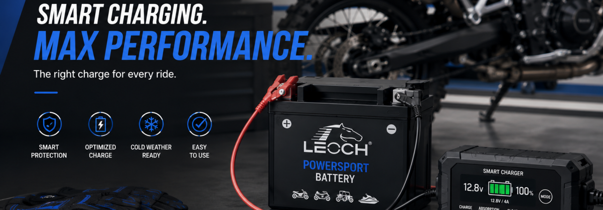 a leoch lithium motorcycle battery connected to a smart charger
