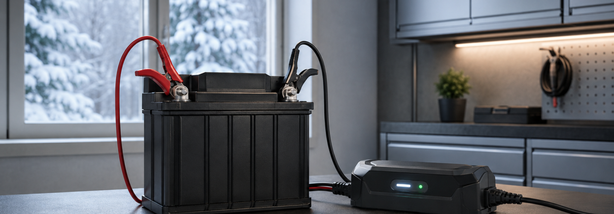 a leoch motorcycle battery connected to a chemistry-compatible smart maintainer in a clean winter garage