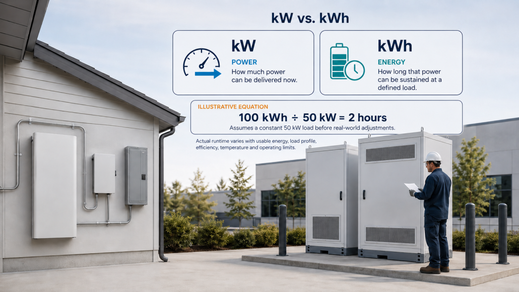 Difference between battery power in kilowatts and stored energy in kilowatt-hours