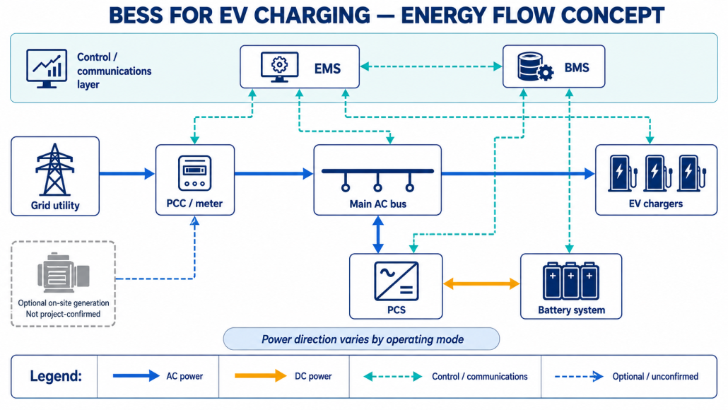 Illustrative energy flow between the grid, BESS, controls, and EV chargers