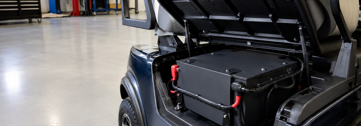 Technician inspecting the mounting and electrical connections of a lithium golf cart battery