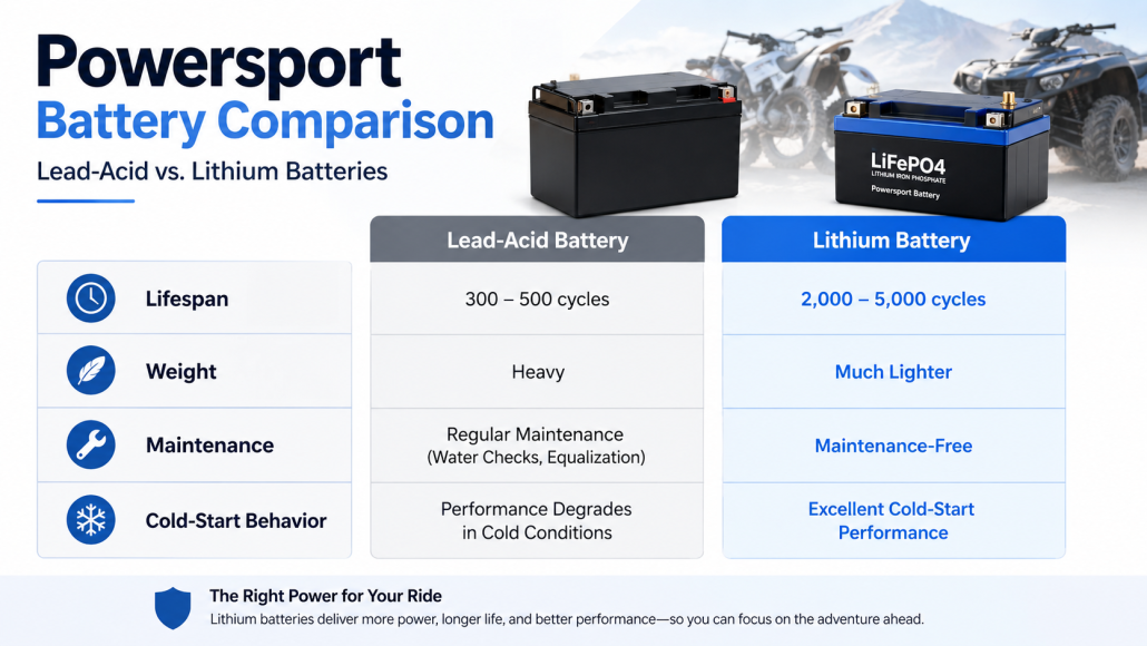 compare lead-acid and lithium batteries on lifespan, weight, maintenance, and cold-start behavior