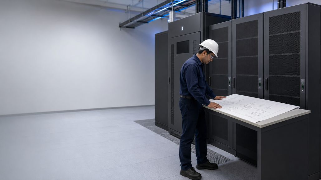 Engineer reviewing a data center UPS battery system design