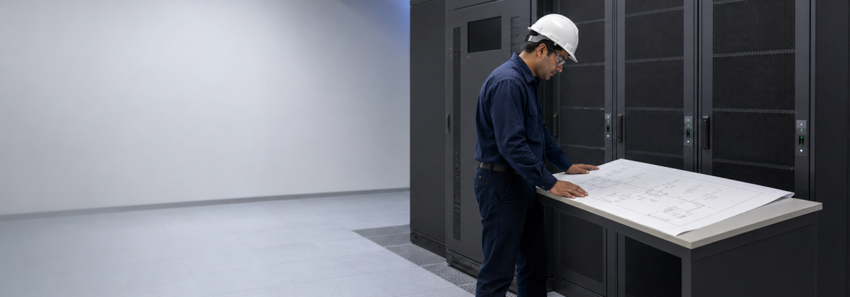 Engineer reviewing a data center UPS battery system design
