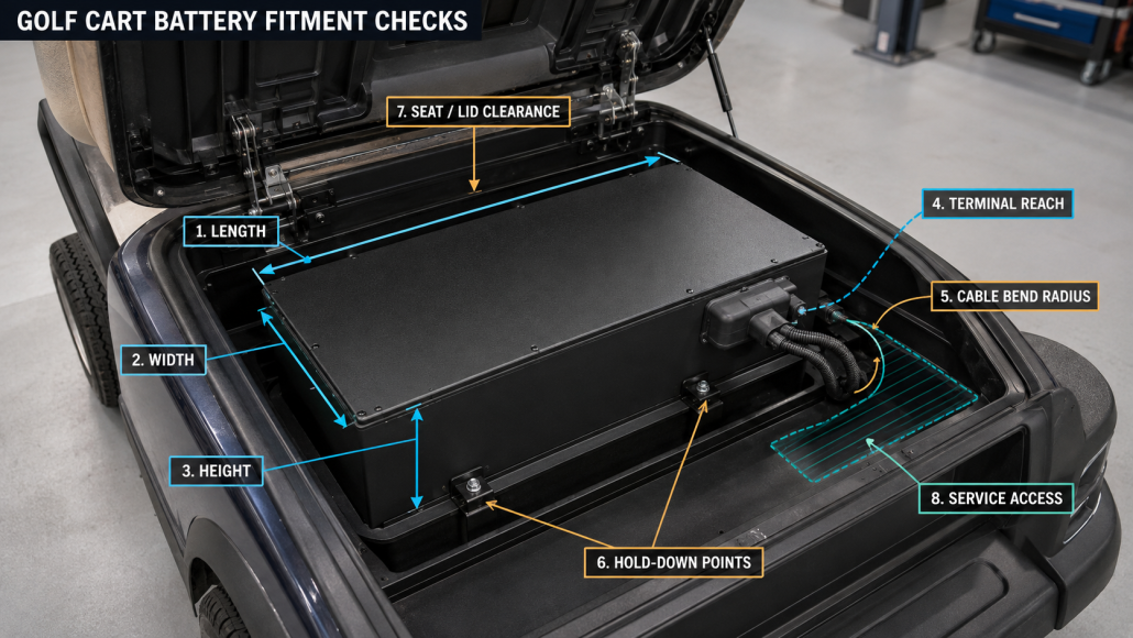 Battery tray dimensions and mounting clearances for a golf cart battery