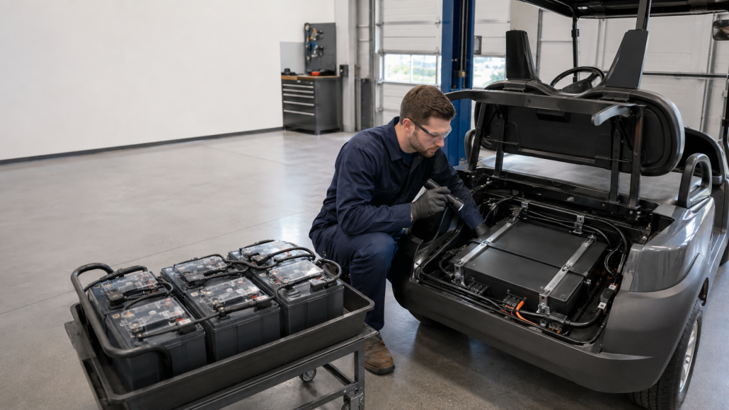 Technician comparing a lead-acid golf cart battery bank with a lithium conversion system