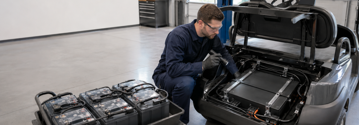 Technician comparing a lead-acid golf cart battery bank with a lithium conversion system