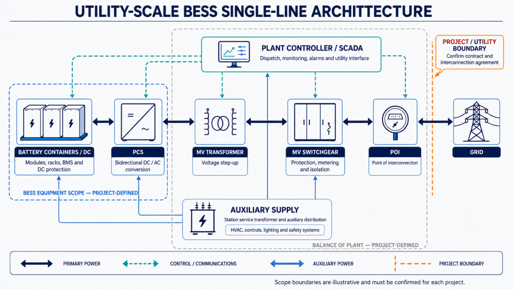 Simplified grid-scale BESS architecture from battery containers to the point of interconnection