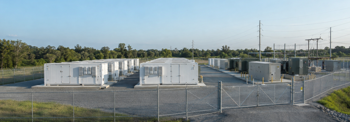 Grid-scale battery energy storage site with containerized BESS and medium-voltage equipment