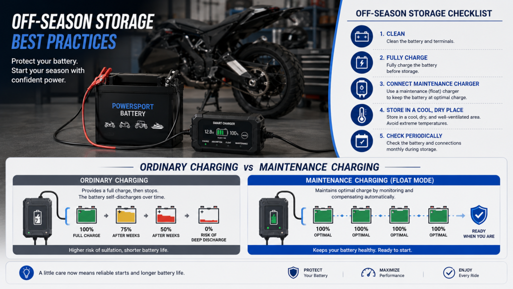 illustrate off-season storage best practices and the difference between ordinary charging and maintenance charging