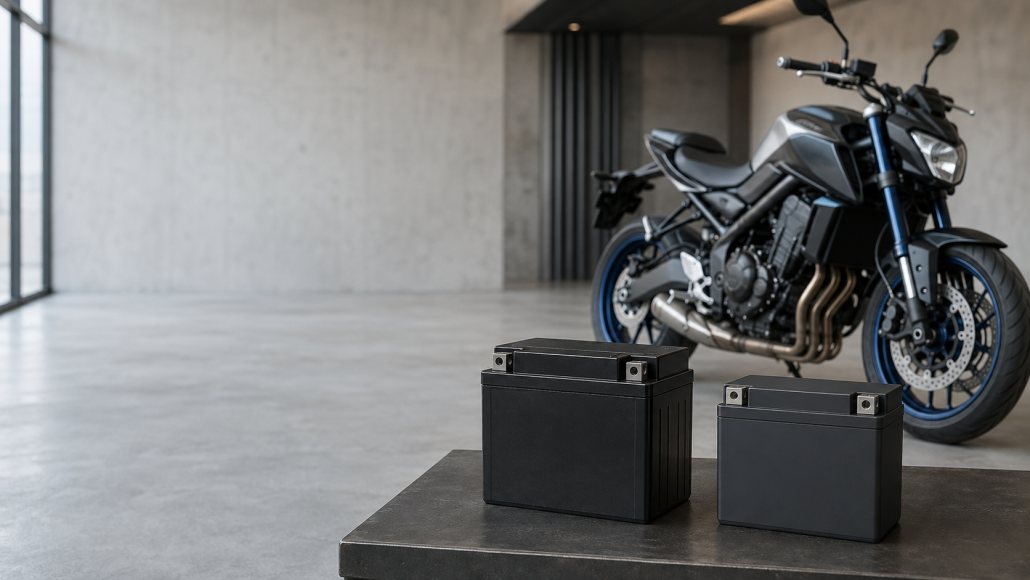 Lead-acid and LiFePO4 motorcycle batteries compared beside a motorcycle