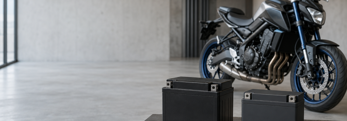 Lead-acid and LiFePO4 motorcycle batteries compared beside a motorcycle