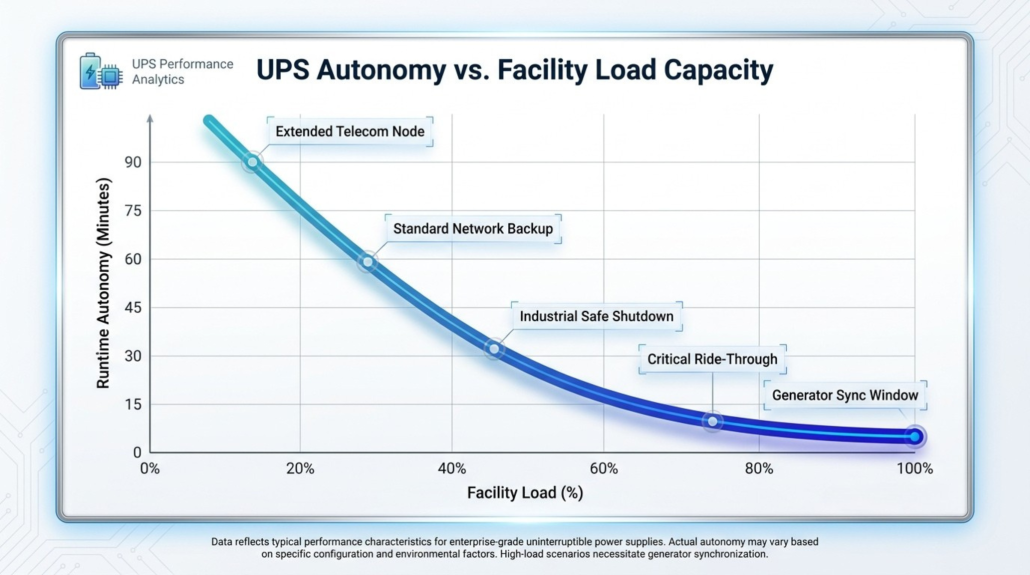 Line graph showing how commercial lithium UPS runtime decreases exponentially as facility load increases.