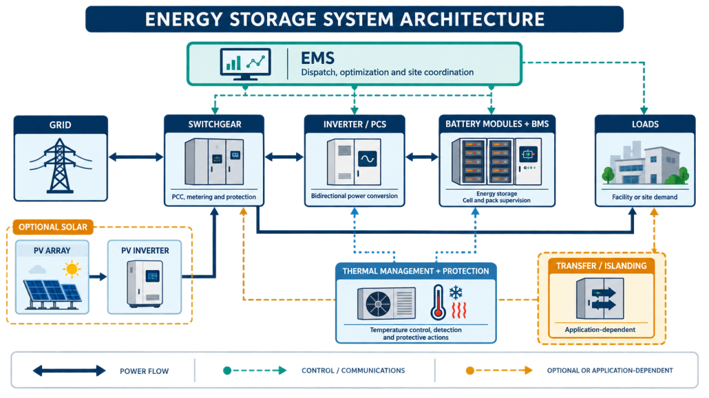 How a lithium-ion battery storage system connects batteries, controls, power conversion, and loads