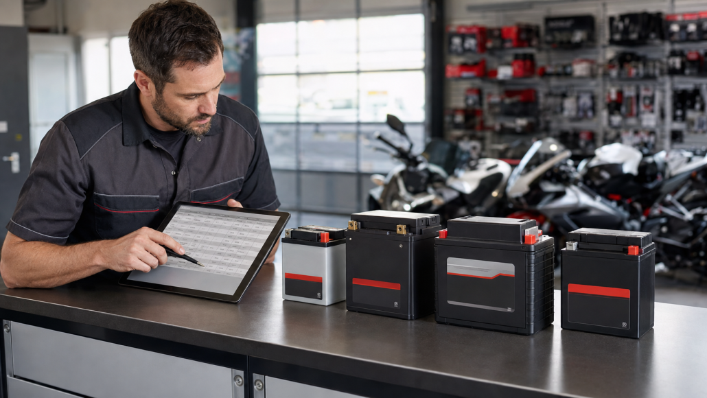 Dealer reviewing lithium motorcycle battery fitment and inventory