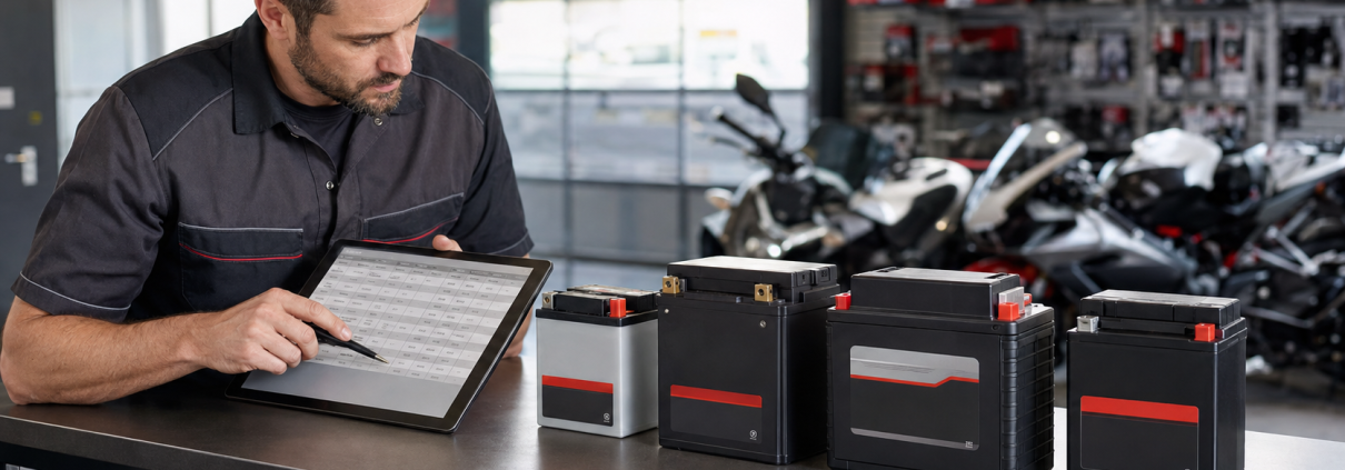 Dealer reviewing lithium motorcycle battery fitment and inventory