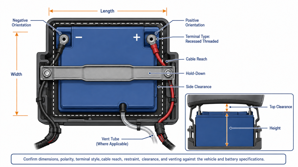 Motorcycle battery dimensions, terminals, cables, hold-down, and venting checks