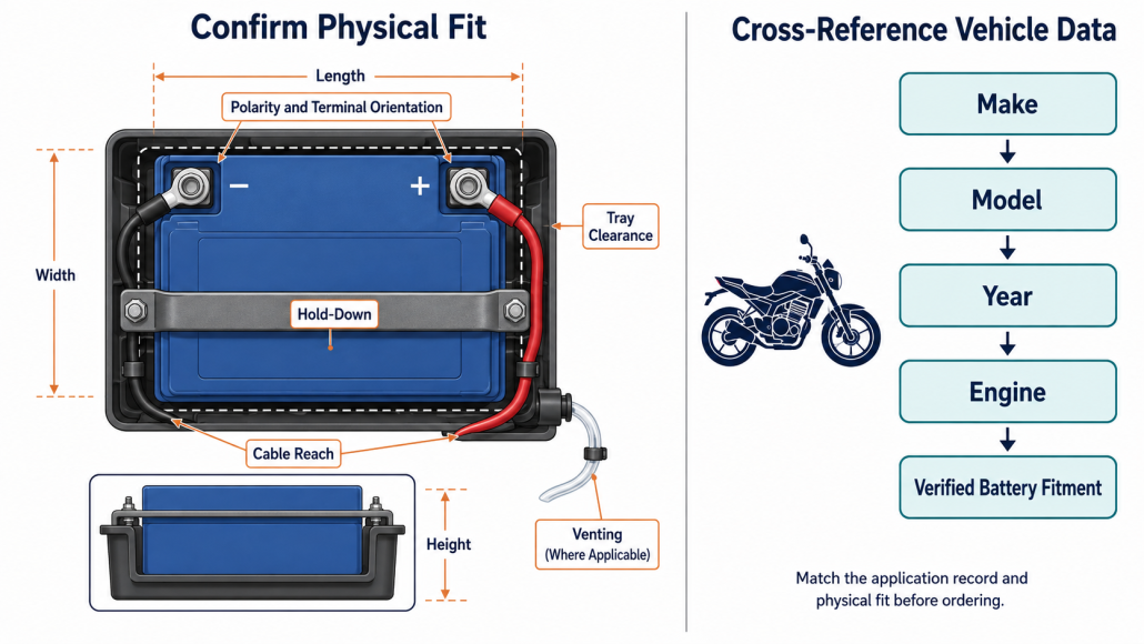 Motorcycle battery fitment and cross-reference checks for wholesale catalogs