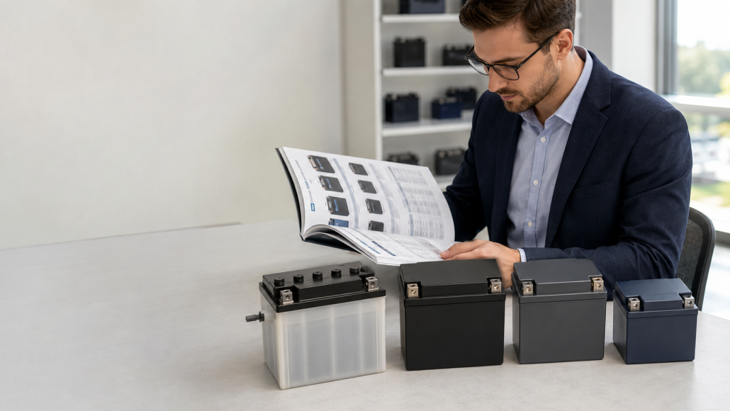 Wholesale buyer comparing motorcycle battery catalog and product types