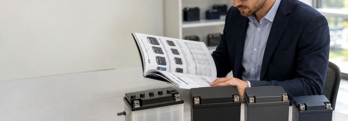Wholesale buyer comparing motorcycle battery catalog and product types