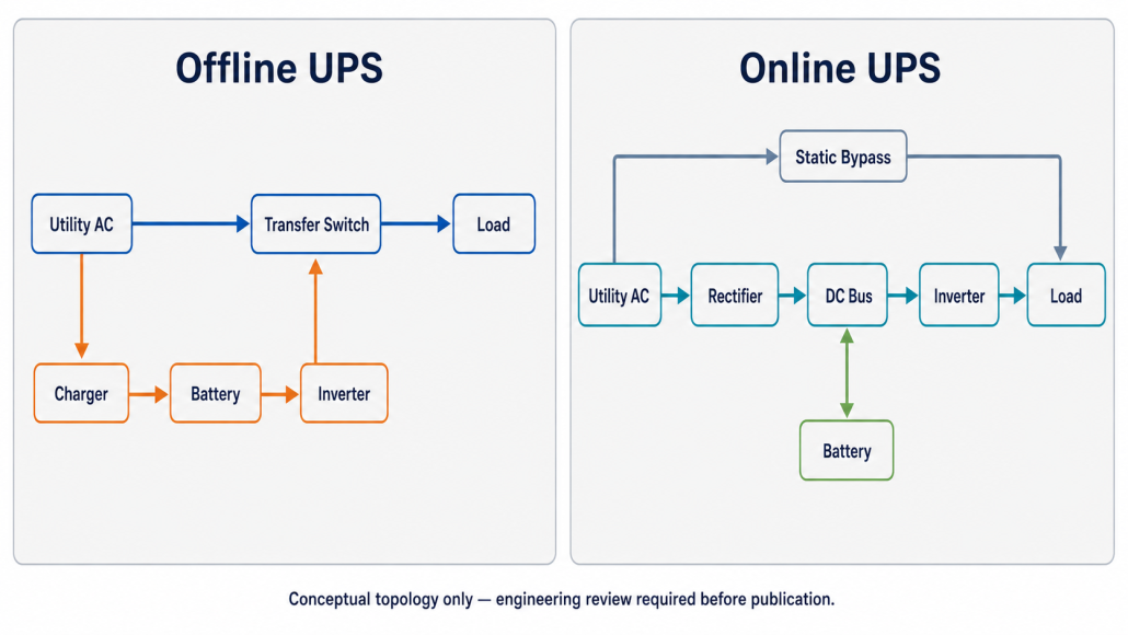 Power flow in offline standby and online double-conversion UPS systems