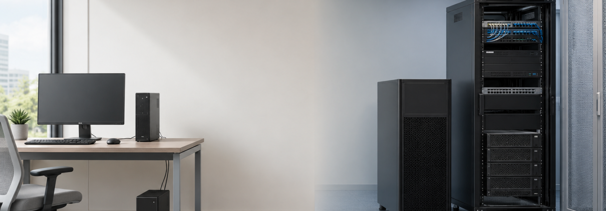 Online and offline UPS systems protecting office and server equipment