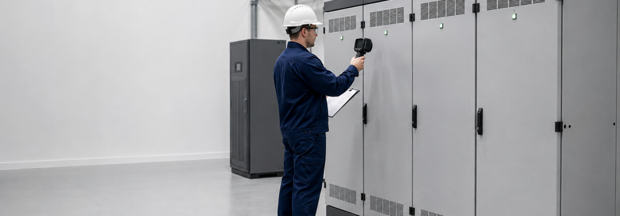 Engineer inspecting a stationary reserve power battery system