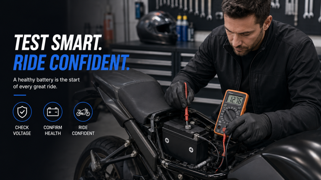 show a rider testing a motorcycle battery with a multimeter in a clean garage setting