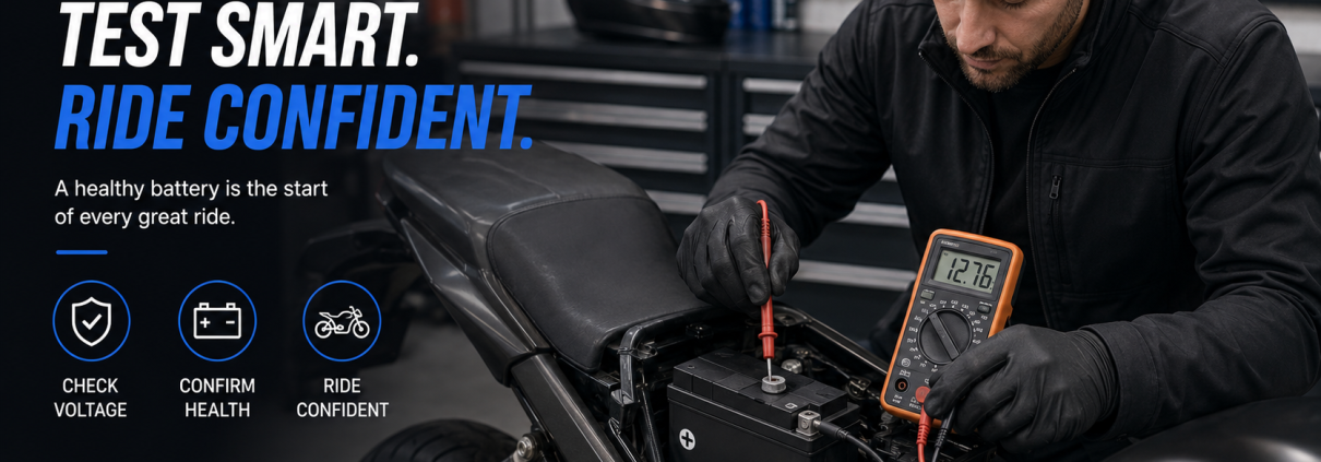show a rider testing a motorcycle battery with a multimeter in a clean garage setting