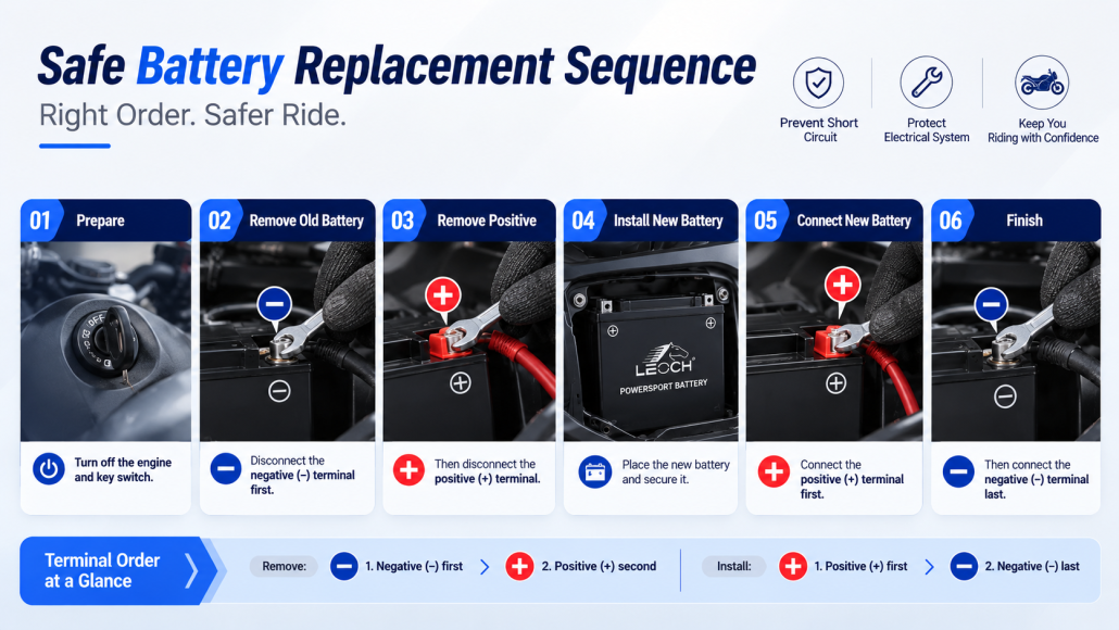show the safe powersport battery replacement sequence, with the terminal order highlighted clearly