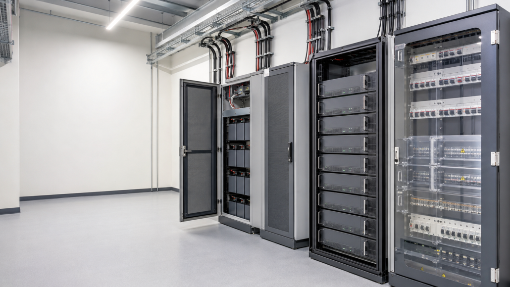 Telecom power supply system with rectifier shelves, DC distribution, and battery cabinets