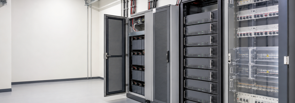 Telecom power supply system with rectifier shelves, DC distribution, and battery cabinets