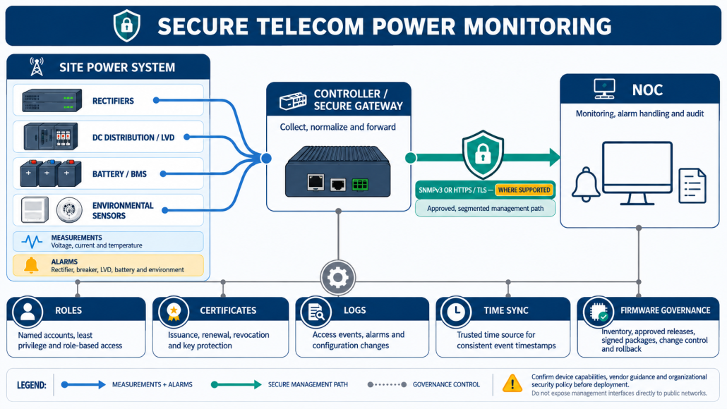 Secure telecom power monitoring path from site controller to the network operations center