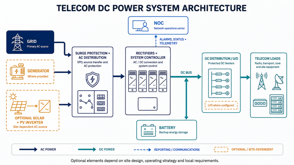 Telecom power supply system with rectifier shelves, DC distribution, and battery cabinets