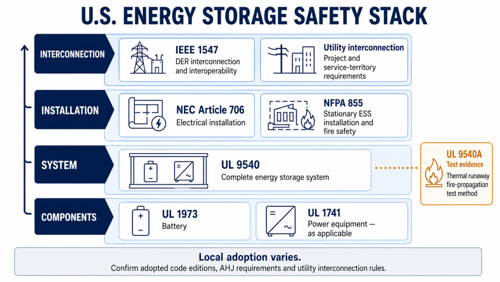 U.S. battery, system, fire test, installation, and interconnection checks for energy storage