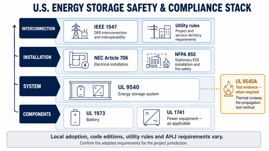 U.S. product, system, installation, fire test, and interconnection checks for battery storage