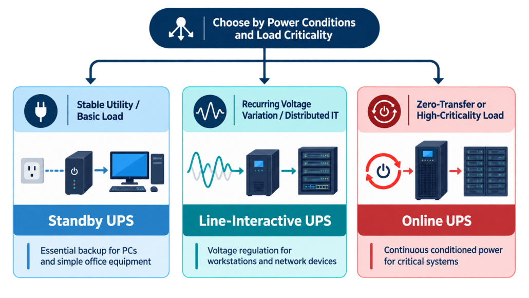 Decision guide for choosing standby, line-interactive, or online UPS